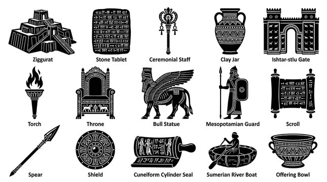Black and White Mesopotamia Symbols: Ziggurat, Clay Jar, Scroll, Artifacts