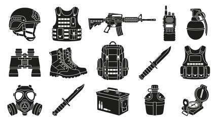 Fototapeta premium Military Equipment Icons Black and White Vector Set