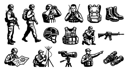 Fototapeta premium Military Soldier Icons Set Black White Line Art Stock Vector Graphics