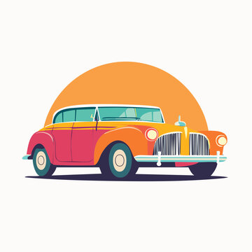 Vintage Car Illustration with Sunset Background