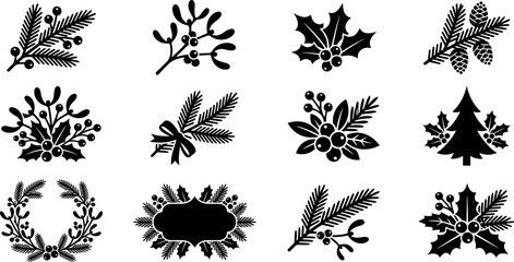 Christmas winter foliage silhouette icon set featuring pine branches wreaths holly berries mistletoe sprigs and trees isolated on white background © ISMOTARA