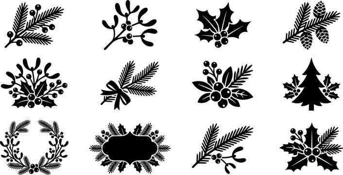 Christmas winter foliage silhouette icon set featuring pine branches wreaths holly berries mistletoe sprigs and trees isolated on white background