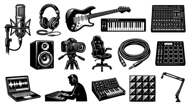Black and White Vector Icons of Music Production Equipment for Studio and Audio Recording