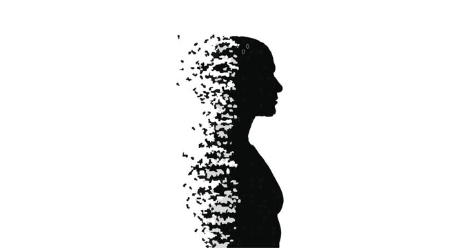Human silhouette icon shows a profile dissolving into small particles, symbolizing concepts of mind.