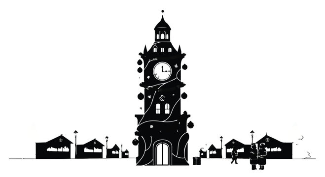 Clock tower illustration depicts a large, ornate timekeeping structure surrounded by small buildings.