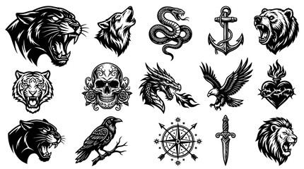 Obraz premium Black and white vector tattoo designs: animals, skull, anchor, compass, sword