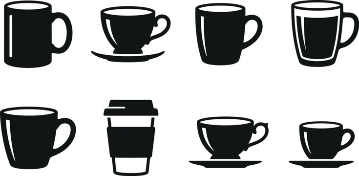 Coffee mugs and teacups silhouette collection flat vector icons featuring disposable paper cup espresso cup with saucer tall glass mug and ceramic kitchenware isolated on white background