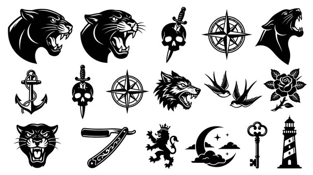 Black  White Traditional Tattoo Design Vector Set: Vintage Illustrations of Animals, Nautical  Classic Symbols