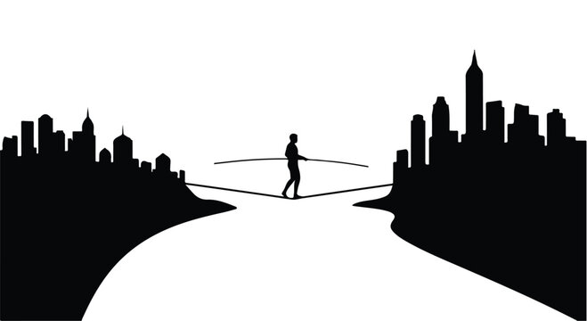 Tightrope walker balances between two city skylines over a chasm, depicting risk and opportunity.