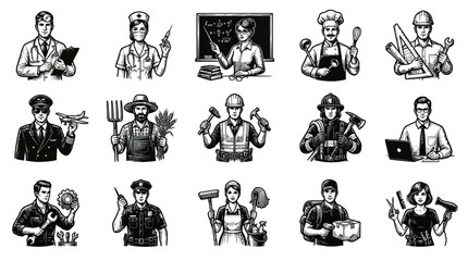 Obraz premium Professional Workers Avatars Black White Line Art Set - Diverse Occupations and Job Roles Collection