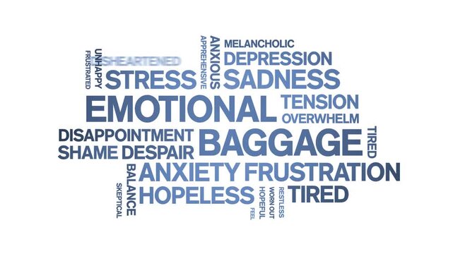 Emotional Baggage animated word cloud-text design animation tag kinetic typography seamless loop.