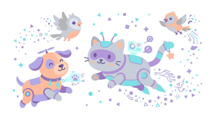 Obraz premium Cute Robotic Cat and Dog with Birds, Technology Art
