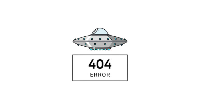 UFO spaceship with 404 error message, concept of lost connection or website down