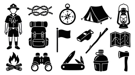 Fototapeta premium Camping Gear Icons: Scout, Tent, Compass, Lantern, Backpack, Axe, Knife, Map, Fire