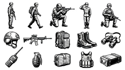 Fototapeta premium Military Equipment and Soldiers Vector Icons: Black and White Line Art