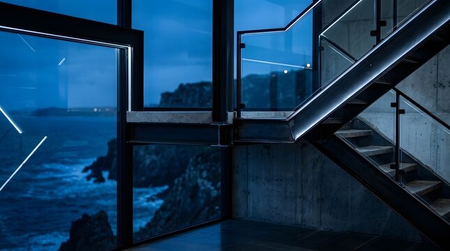Modern Interior View: Ocean Landscape and Concrete Staircase