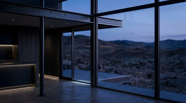Modern luxury interior overlooking dramatic mountain landscape at twilight