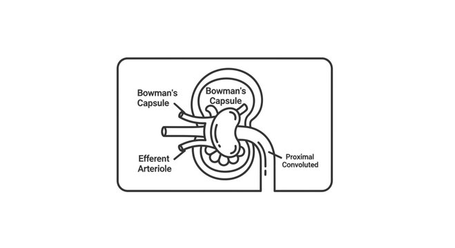Nephron Diagram: Bowman's Capsule, Afferent and Efferent Arterioles, Proximal Convoluted Tubule