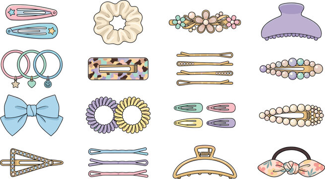 Cute feminine hair accessories collection featuring colorful barrettes scrunchies bobby pins pearl clips claw clamps and elastic ties vector