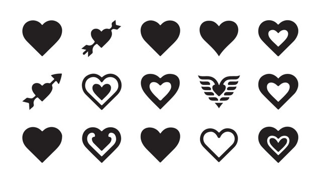Romantic heart shapes collection with various decorative styles and cupid arrow illustrations.