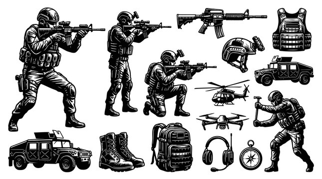 Black  White Military Combat Vector Set: Soldiers, Tactical Gear, Weapons, Vehicles  Equipment in Engraving Style