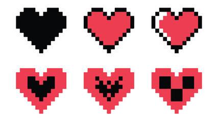 Pixel heart icons for retro gaming health bars and life status symbols in video game design. © MDABDUR