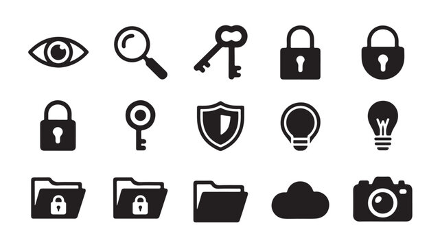 Business and security icon set for web navigation and digital document storage platforms.