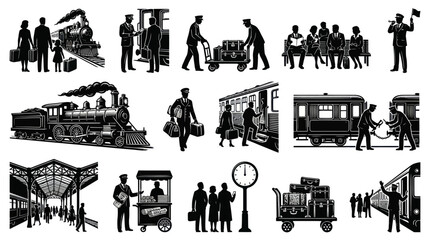Obraz premium Retro Railway Travel Black White Silhouettes: Train Station, Passengers, Porters, and Vintage Locomotive Illustrations