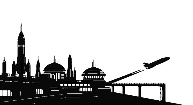 A black silhouette of a futuristic city with domed buildings and a tall rocket launcher on the left, as a space shuttle launches from a ramp on the right against a white background.