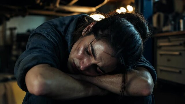 A weary female mechanic with grease smudged skin rests her head on her arms, portraying deep exhaustion and burnout within a professional workshop environment, cinematic slow motion close up shot.