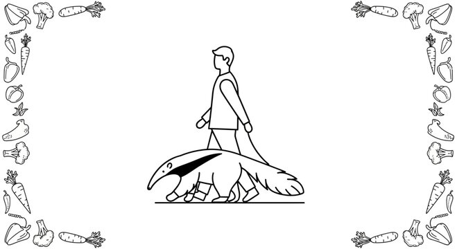 Man walking a giant anteater on a leash, surrounded by a vegetable border