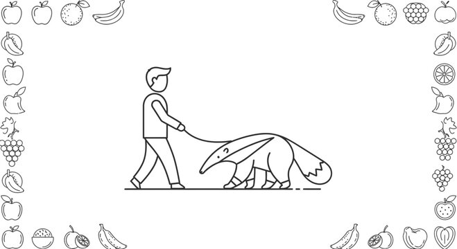 Man walking a giant anteater on a leash, unusual pet, line art, surrounded by fruit border