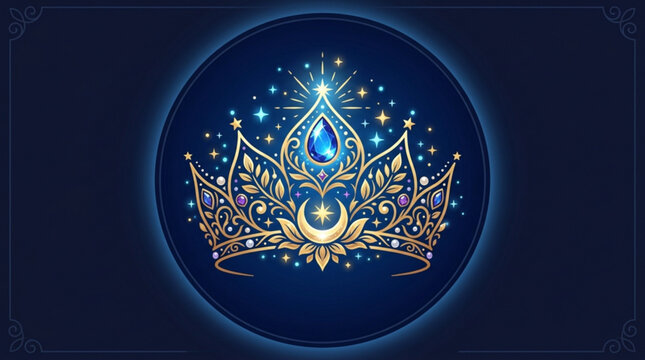 Golden crown icon with blue gemstone and stars on dark background royalty symbol