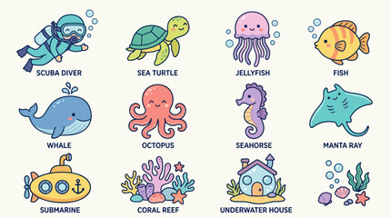 Fototapeta premium Cute Cartoon Ocean Life Icons: Scuba Diver, Whale, Fish, Sea Creatures, Flat Art