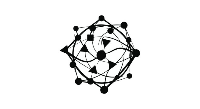 Abstract geometric network in black and white represents complex interconnected systems or data structures.