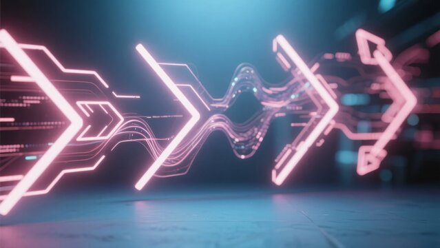 ピンク色に発光するネオンの矢印とデジタルラインの空間、テクノロジーの世界観を表現した背景