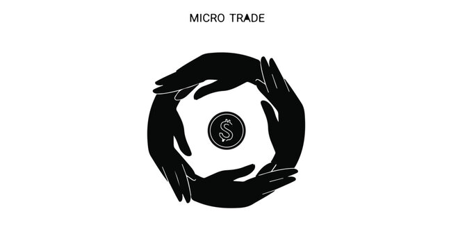 Four black hands form a circular pattern, cradling a central coin with a dollar sign, representing micro trade and collaborative financial ventures.