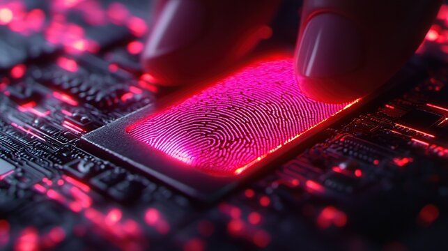 Close-Up of a Fingertip Pressing a Glowing Microprocessor Chip Under Neon Pink and Red Lighting
