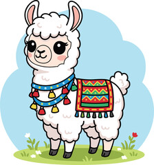 Obraz premium Cute fluffy alpaca cartoon character with colorful traditional blanket and decorative tassels vector illustration