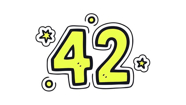 Stylized Yellow Number 42 Illustration with Cartoon Bubbles and Decorative Stars on White Background