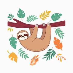 Fototapeta premium Cute Sloth Hanging on a Branch with Tropical Leaves