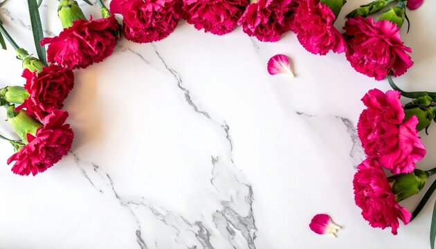 Pink carnation flowers arranged in a semi-circle border on an elegant white marble background texture with copy space