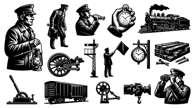 Black and White Vintage Engraving Style Railroad Train Industry Workers and Equipment Icons Collection