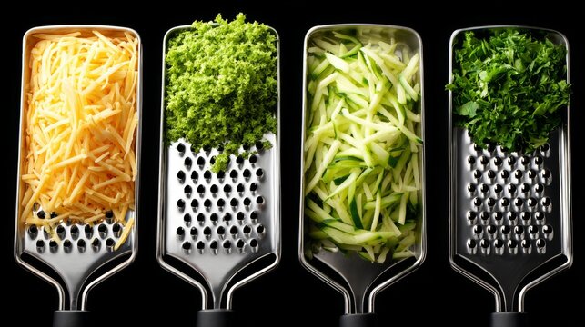 Neatly arranged graters display rows of shredded cheese, herbs, and vegetables against a dark backdrop, offering a bold, graphic composition for recipes or healthy food branding.