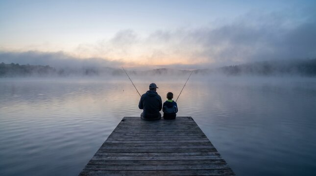 Father and child bonding while fishing on a serene misty lake at sunrise