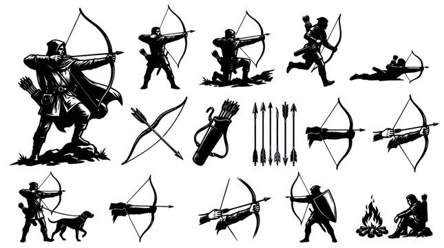 Black and White Archery Silhouettes: Archers, Bows, Arrows, and Dog