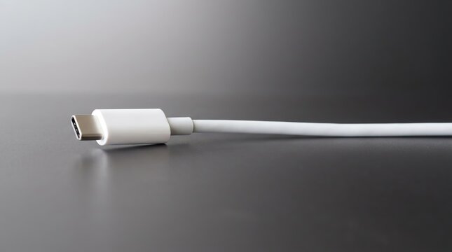 Close-up shot of a white charging cable connector resting on a glossy gray surface with soft shadows