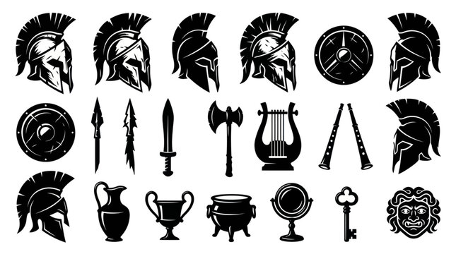 Ancient Greek Warrior Helmets Shields Weapons Lyre Flutes Icons Set Black White