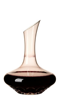 Clear Crystal Wine Decanter Filled With Red Wine Isolated on White