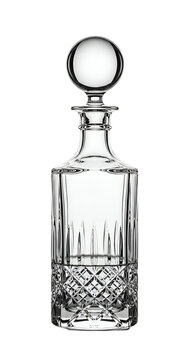 Clear Crystal Decanter Bottle With Ornate Cut Glass Base Isolated